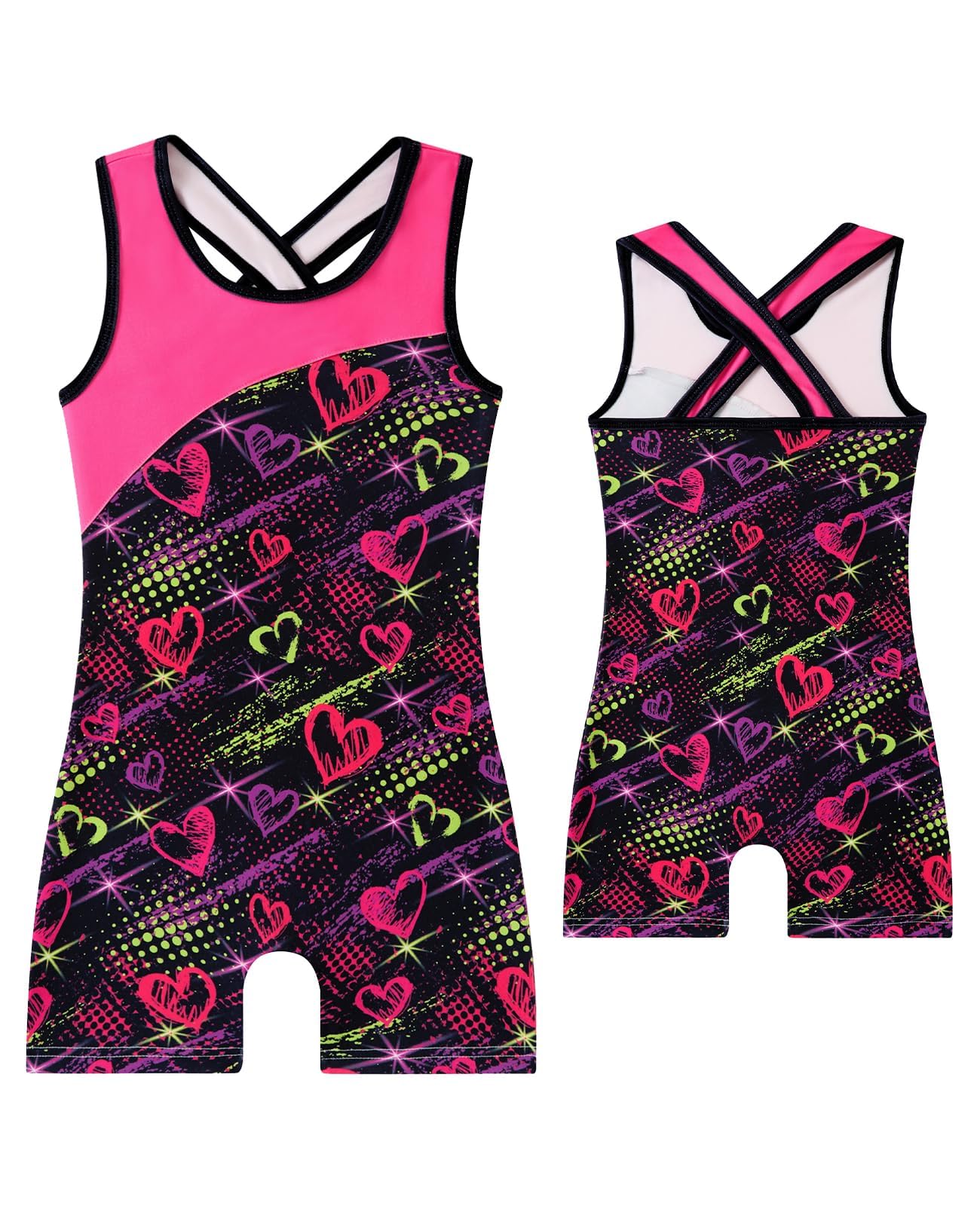 uideazone Girls Gymnastics Leotards Size 10 Pink Hearts Sleeveless Tumbling Outfit for Girls Criss-Cross Strap Unitard Biketards in Dance Class