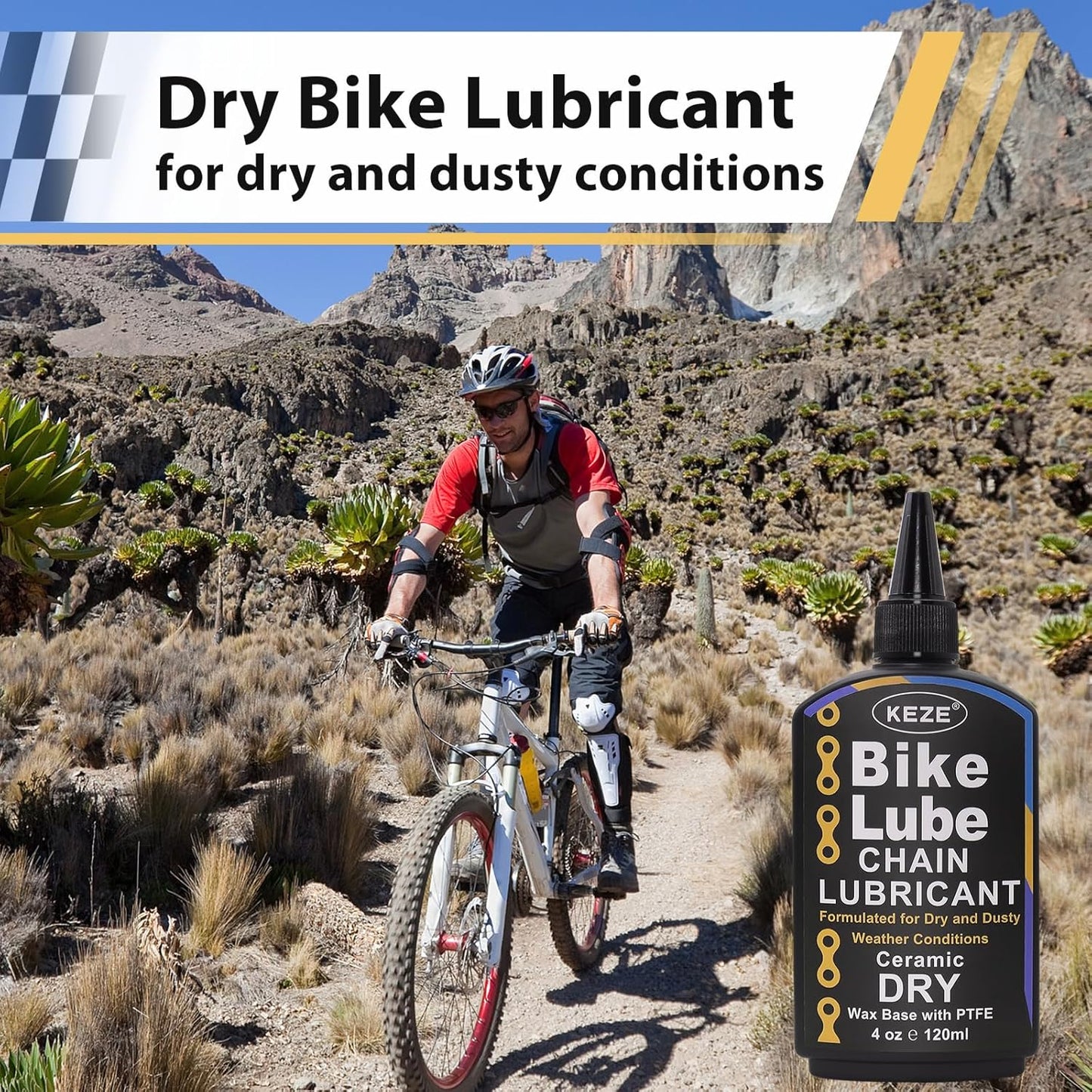 Keze Dry Bike Chain Lube MTB Mountain Bicycle Chain Oil Ceramic Bike Lube with PTFE Ebike Lubricant Against Wear, Reduces Friction Noise & Chainsuck, for Dry and Dusty Weather Conditions, 120 ml