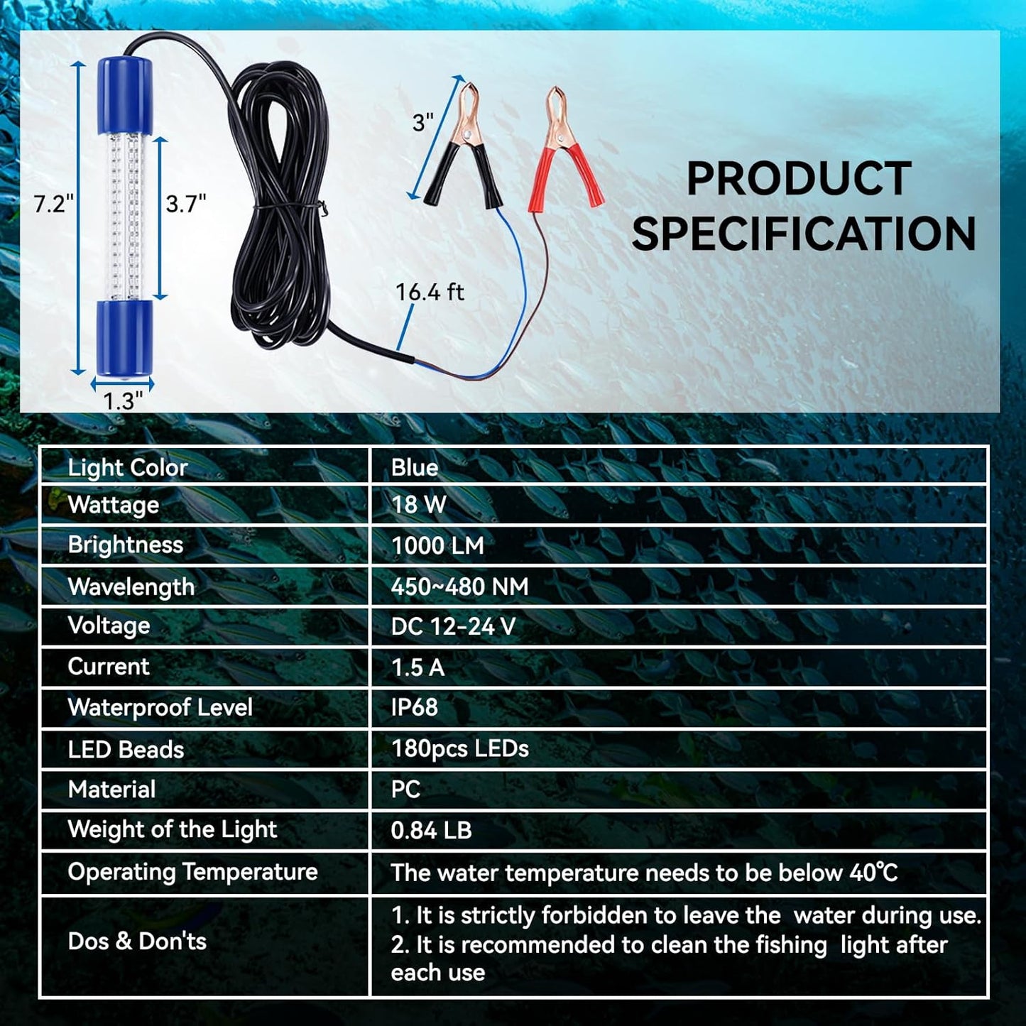 18W Underwater Fishing Light, IP68 Waterproof DC 12-24V LED Fish Bait Light Submersible Finder Attractants Lamp for Crappie Shrimp Squid Catfish + Battery Clamps, 16.4ft Cable Green/Blue/White Light