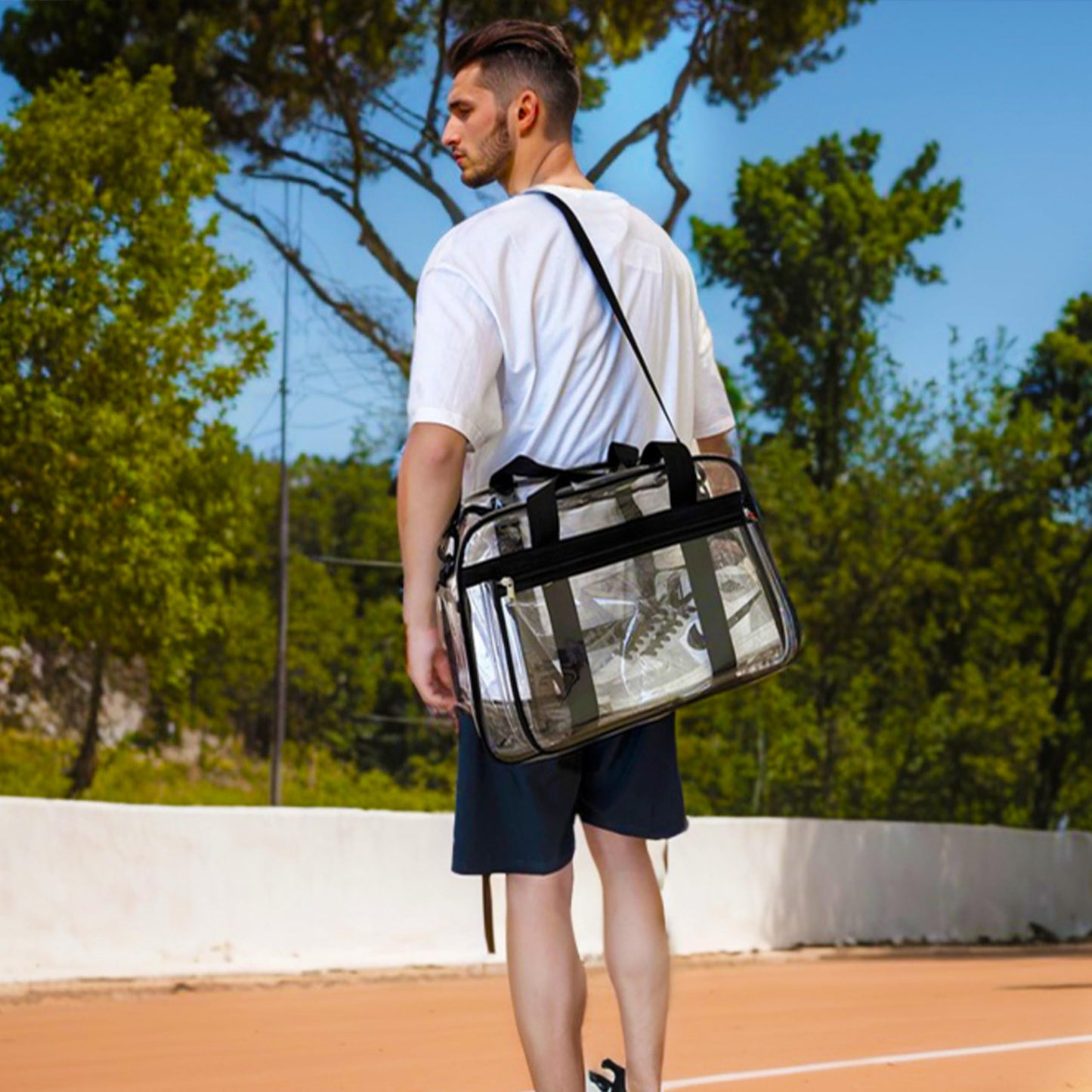 16” Large Clear Duffle Gym Bag, Clear Beach Bag for Travel with Shoe Compartment, Transparent See Through Tote Bag for Women Men