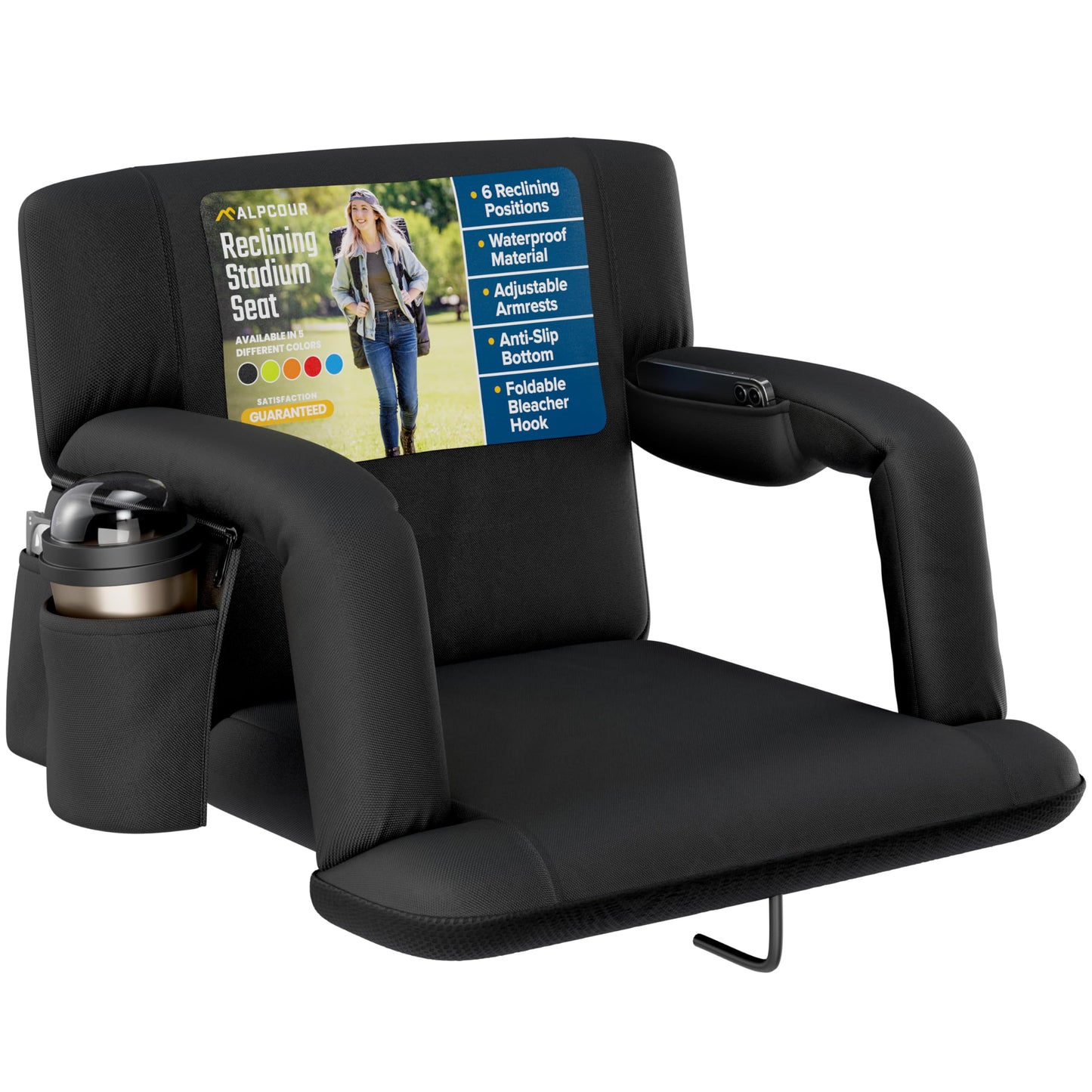 Alpcour Stadium Seats with Back Support for Bleachers – Wide Bleacher Chairs with Thick Padded Cushion, Armrests, Side Pockets, & Shoulder Straps – Best Portable Seat Chair for Sports Events