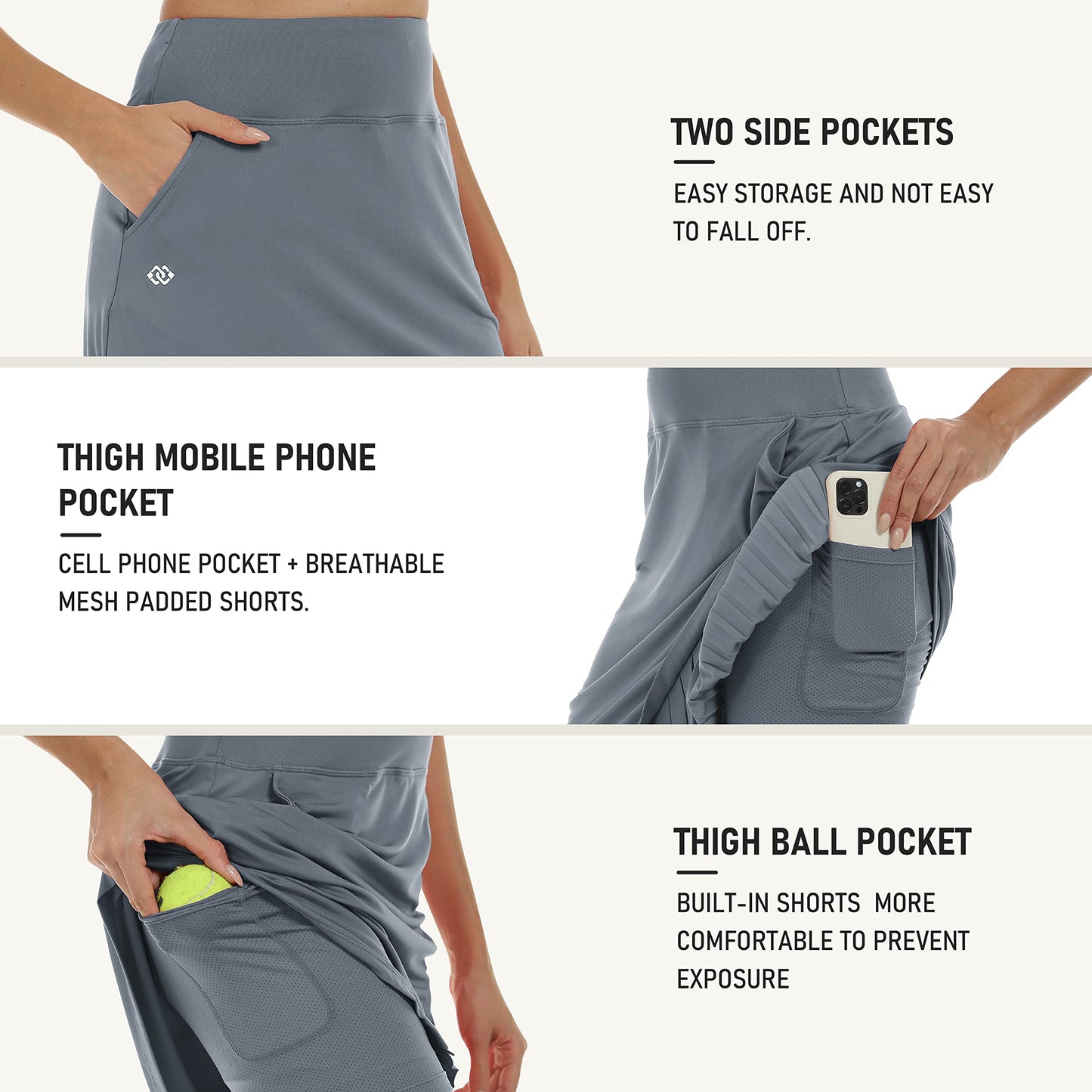 MoFiz Women's 20" Knee Length Skorts Skirts UPF50+ Athletic Tennis Golf Skirt for Women Casual Summer Skirts with Pockets Grey XS