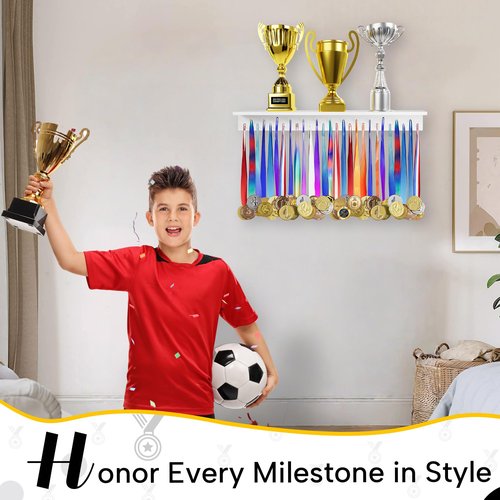 Defined Deco 3ft-Medal Awards Rack Ultimate Medal Hanger Display and Trophy Shelf,36" Wooden Trophy and Medal Display Shelf,for Medal Display,Plaques,Pictures,Trophies and More(White)
