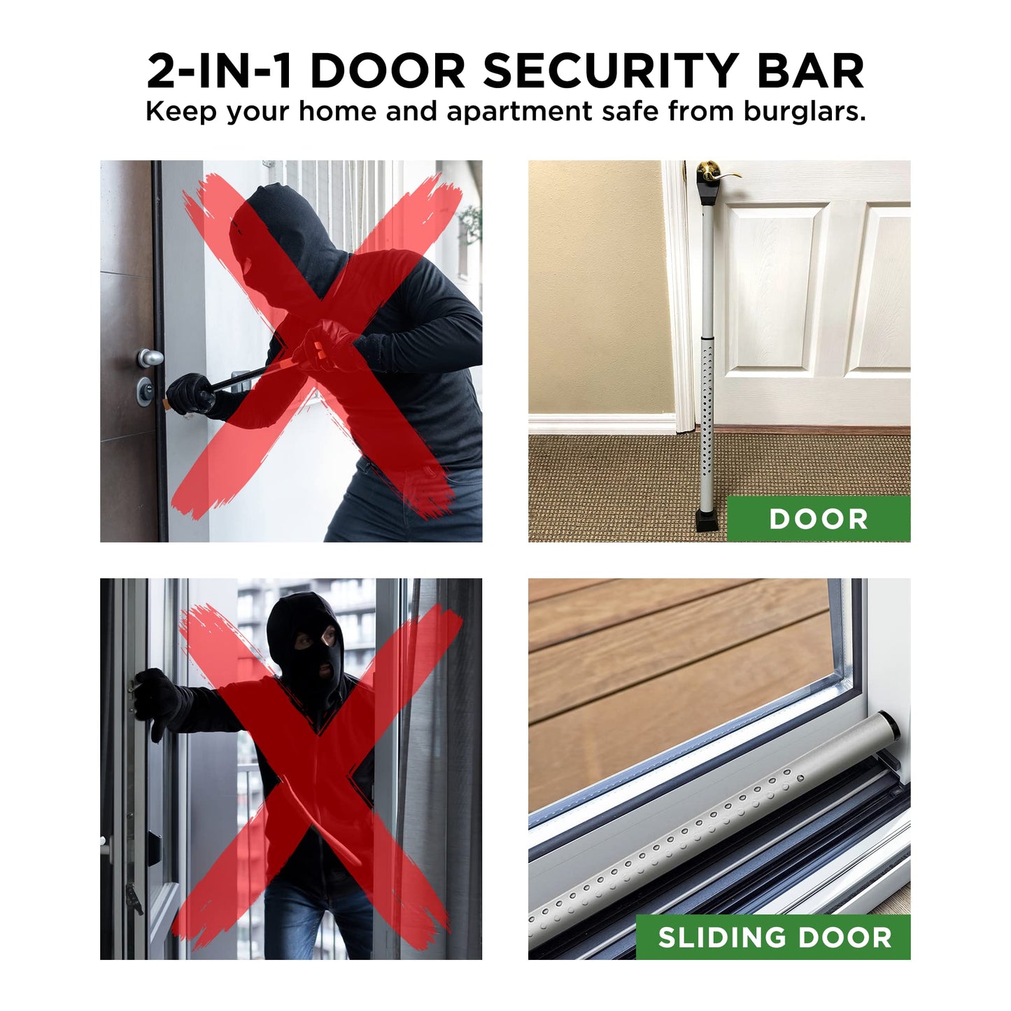 Sliding Door Security Bar, Door Jammer 2-in-1 Adjustable, Door Stoppers Security – 40 Different Adjustments, by Guard Dog Security