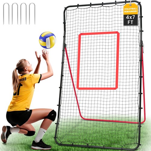 BAGAIL Volleyball Rebounder Net 7x4 Ft, Bounce Back Volley Ball Net with Adjustable 5 Angles and High-Tension Net, Ball Return Training Equipment for Lacrosse, Baseball & Soccer Practice - Red