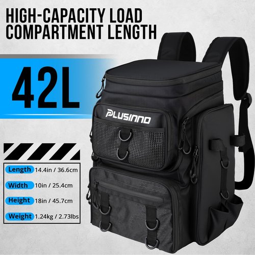 PLUSINNO Fishing Backpack With Rod Holder, 42L Water-Resistant Fishing Gear Tackle Box Backpack, Fishing Tackle Bag For Men