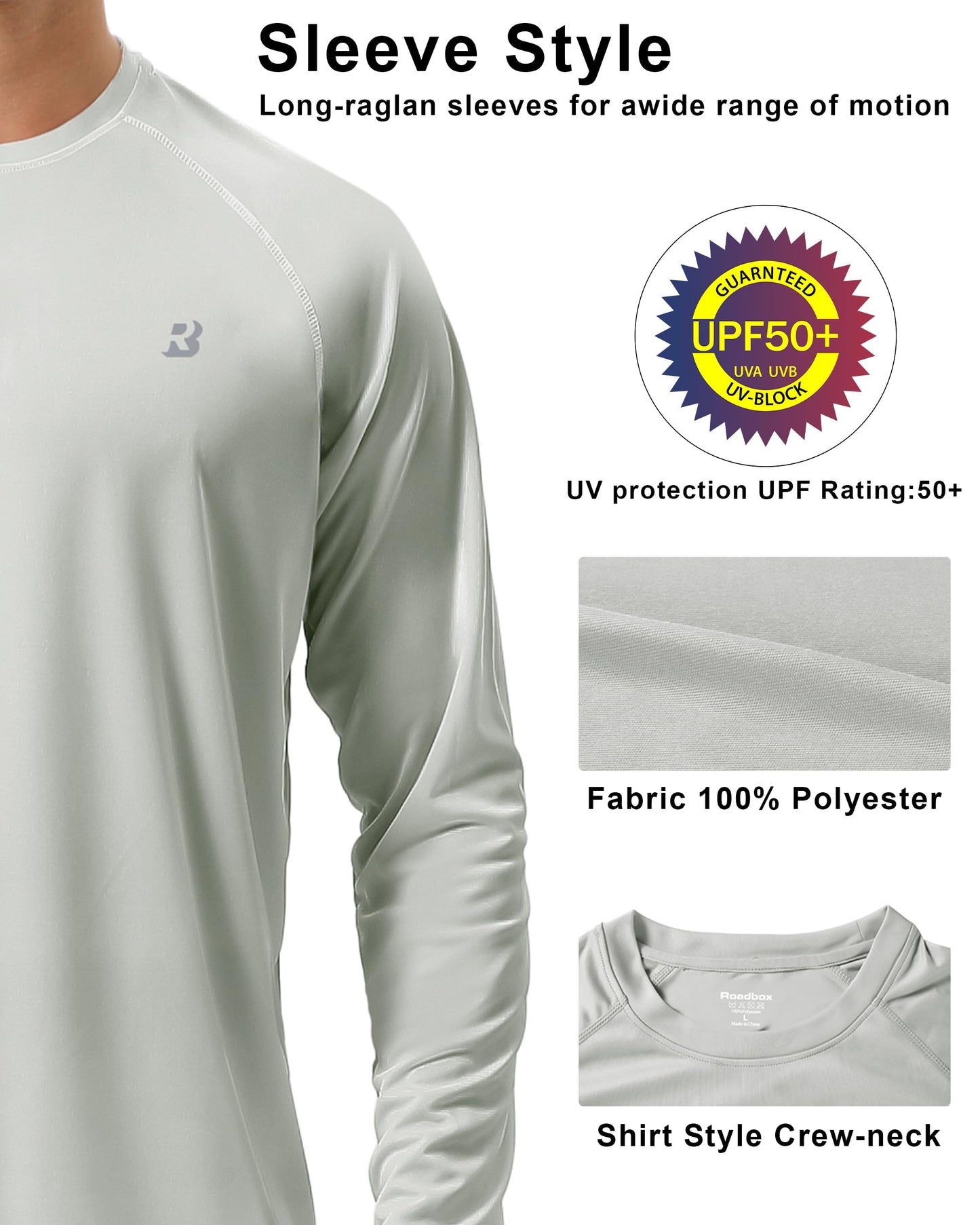 Roadbox Men's 2 Pack UV Sun Protection SPF UPF 50+ Long Sleeve Quick Dry Fishing Shirts Outdoor Rash Guard for Running Hiking Swimming