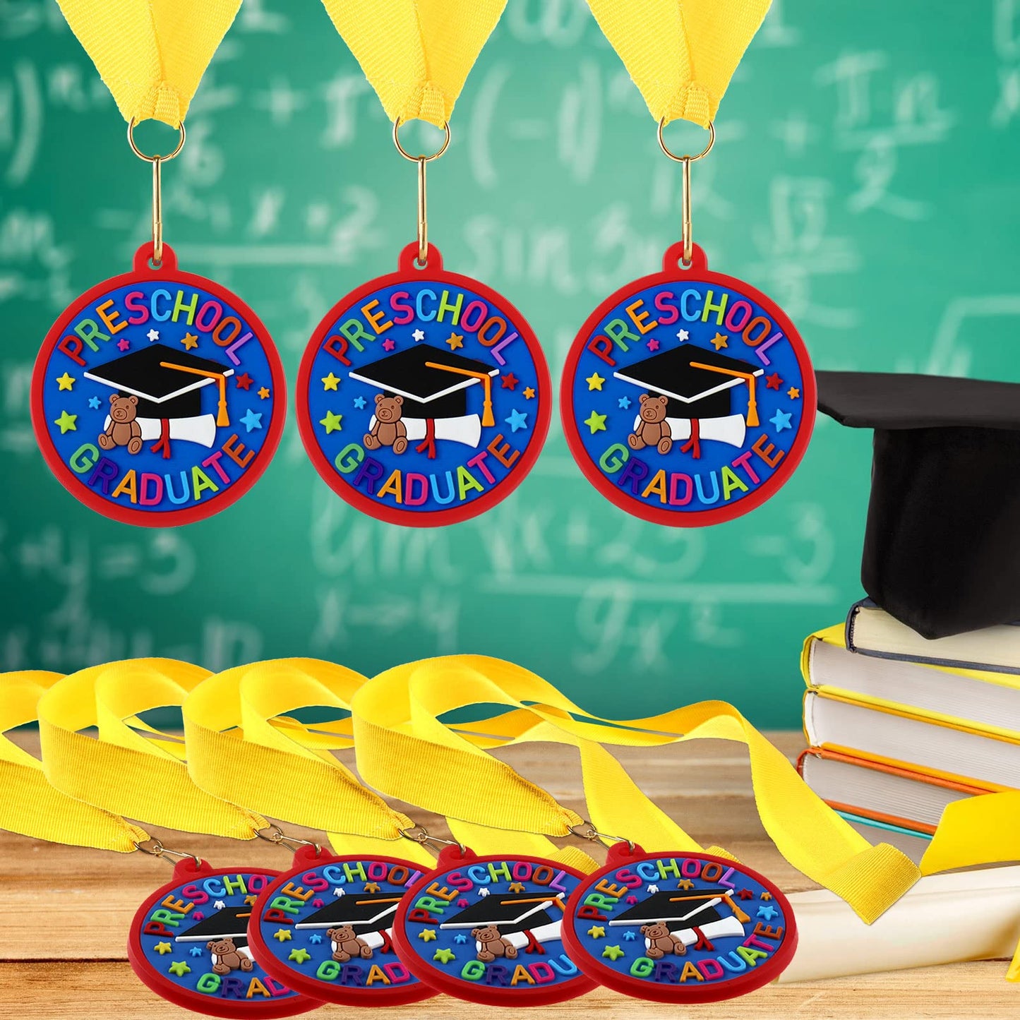 Sratte 24 Pcs Kindergarten Prek Preschool Graduation Medals for Kids, Bulk Kinder Pre-k Graduation Gifts with Yellow Ribbon, End of Year Student Gifts Party Favors Supplies, 2 Inch (Graduate Cap)