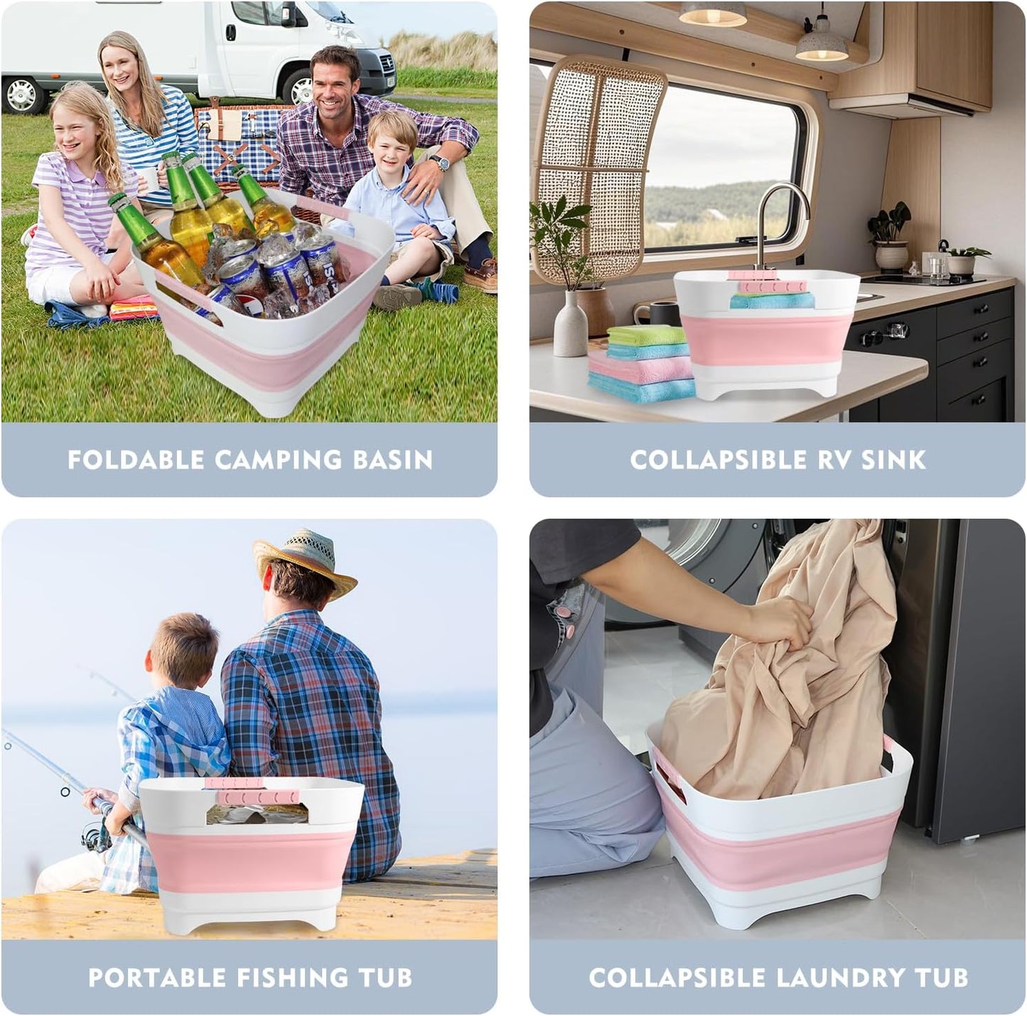 2.4Gal (9L) Collapsible Wash basin With Drain Plug, Suitable For Kitchen Sinks/Outdoor Camping/RV Use, Space-Saving, Highly Portable Washbasin Ideal For Travel (Gray)