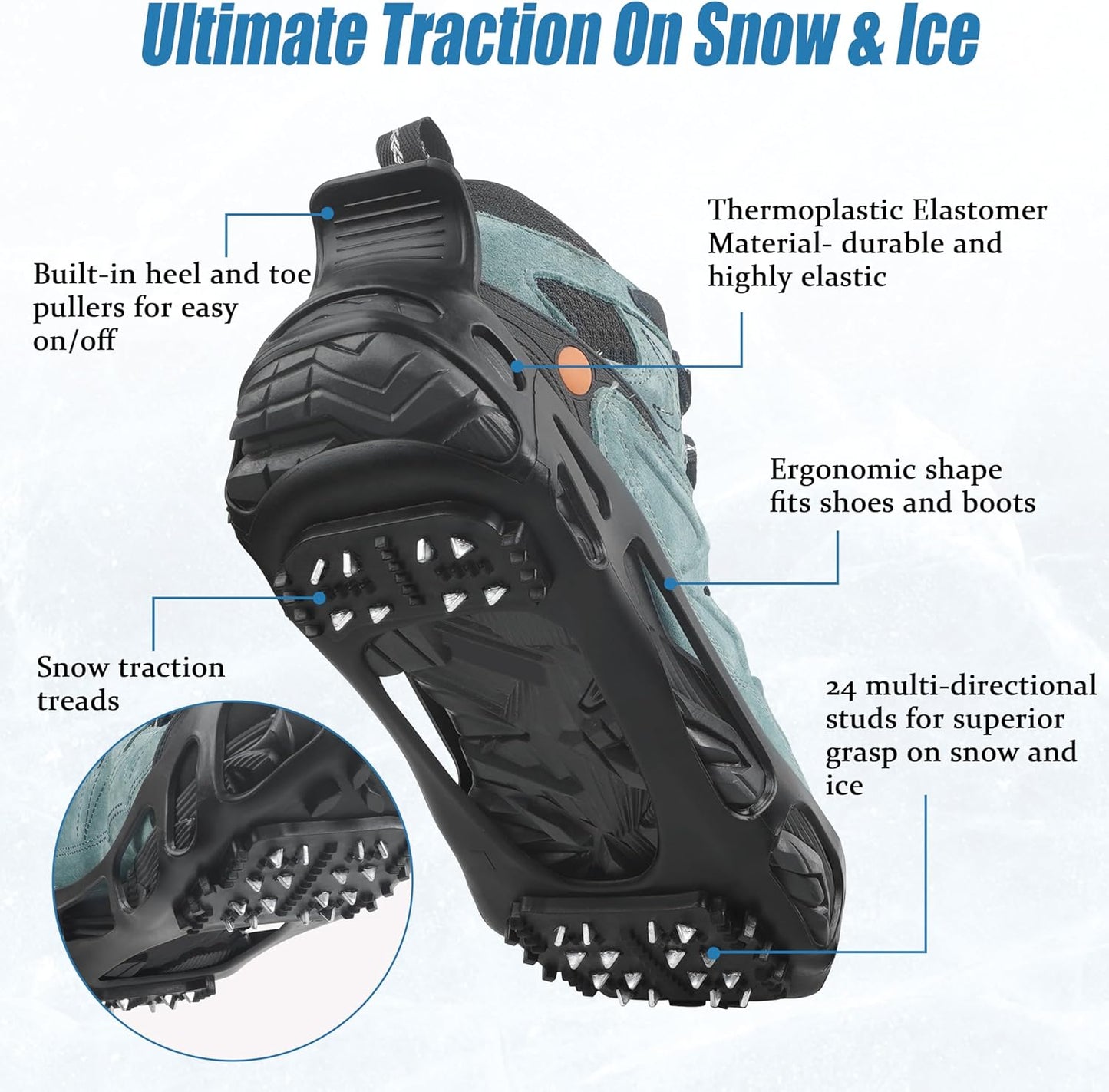 Ice Cleats Snow Traction Cleats Crampon for Walking on Snow and Ice Non-Slip Overshoe Rubber Anti Slip Crampons Slip-on Stretch Footwear