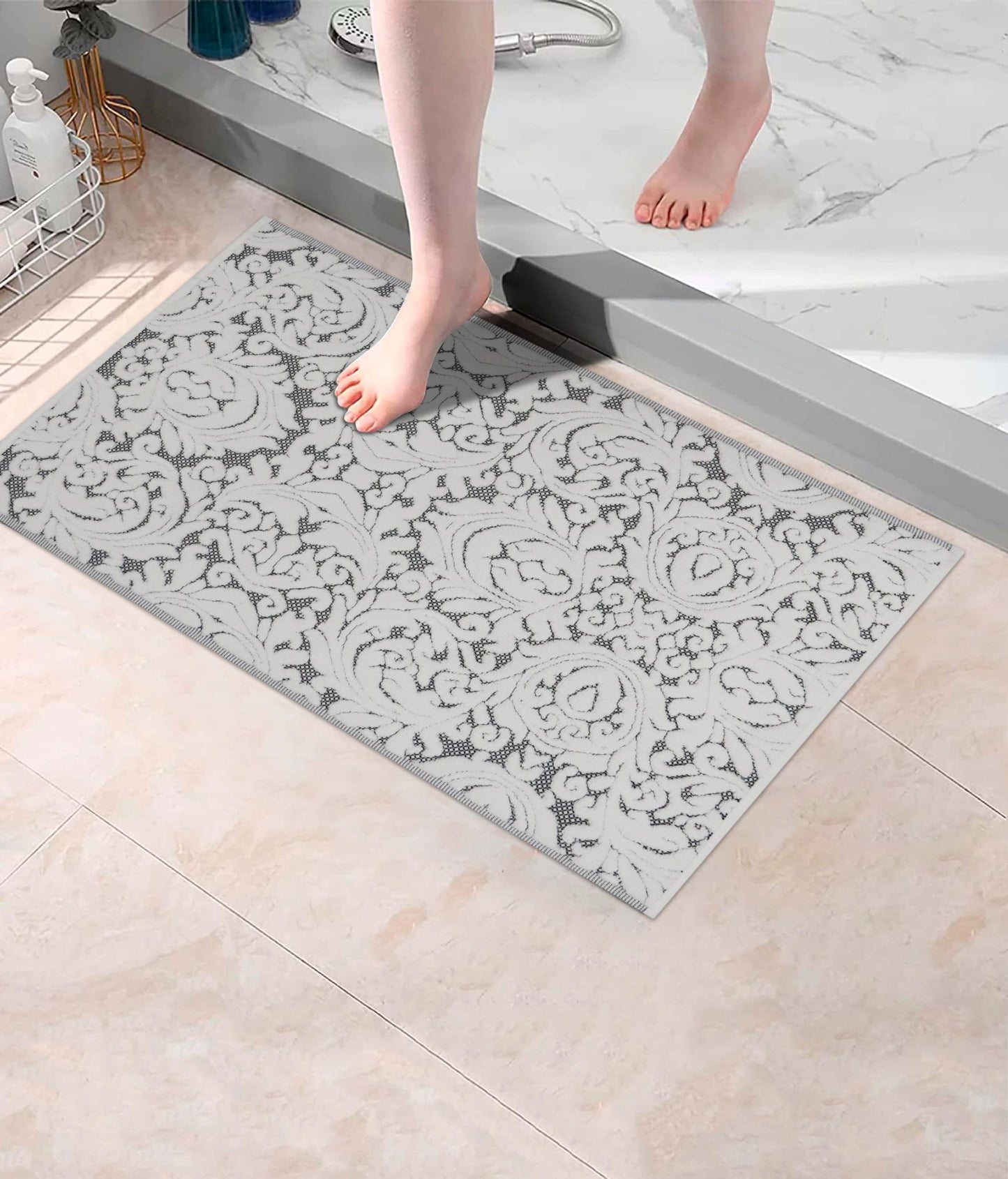COTTON CRAFT Bath Tub Mat - 1 Pack Sculpted Damask Terry Jacquard Step Out Floor Mat - Heavyweight 1100 GSM Low Lint Absorbent Luxury Bathroom Mat - Shower Rug -Not a Bathroom Rug - 21 x 34 - Black