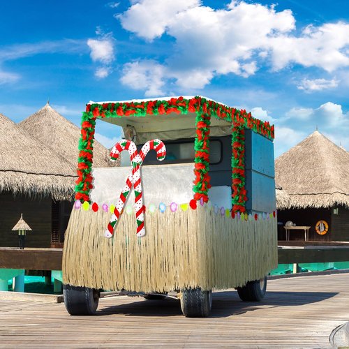 Weysat 8 Pcs Christmas Golf Cart Decorations Kit Hawaiian Leis Red and Green Flower Banner Luau Grass Tropical Car Skirt Candy Canes Balloons for Christmas Golf Cart Parade