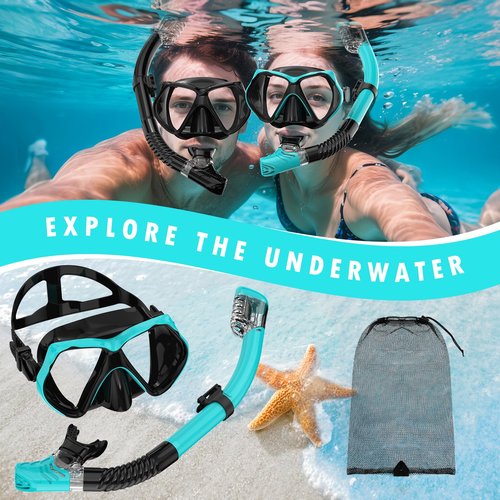 Snorkeling Gear for Adults, Snorkel Set Scuba Diving mask Dry-Top, Adult Swimming Goggles w/Nose Cover, HD Tempered Glass Panoramic Anti-Leak Anti-Fog, Travel Snorkeling Packages