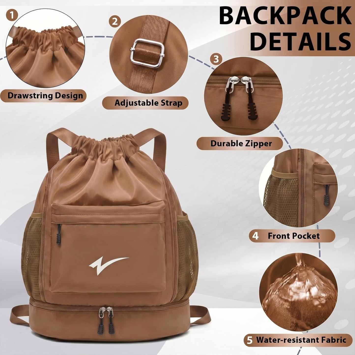 U·helper Sport Drawstring Backpack, Gym Bag with Mesh Side Pockets and Separate Shoe Compartment, Water-Resistant (Khaki)
