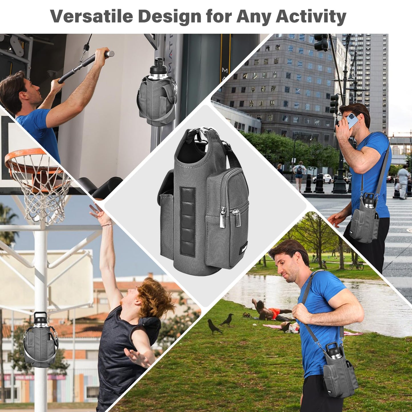 icolor Magnetic Gym Bag Water Bottle Carrier Holder with Phone Pockets & Strap,Nylon Gym Magnetic Bag 5 Built-in Magnets Gym Accessories Organizer Bottle Pouch Sleeve for Men Women (Light Gray)
