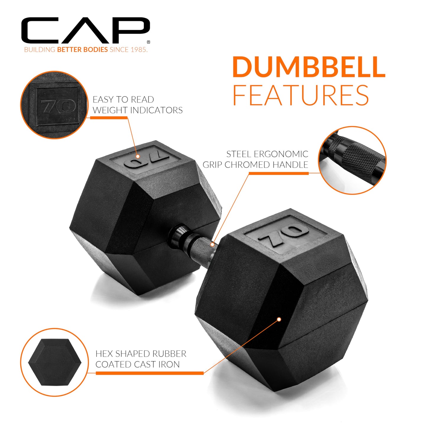 CAP Barbell 70 LB Coated Hex Dumbbell Weight with Black Handle
