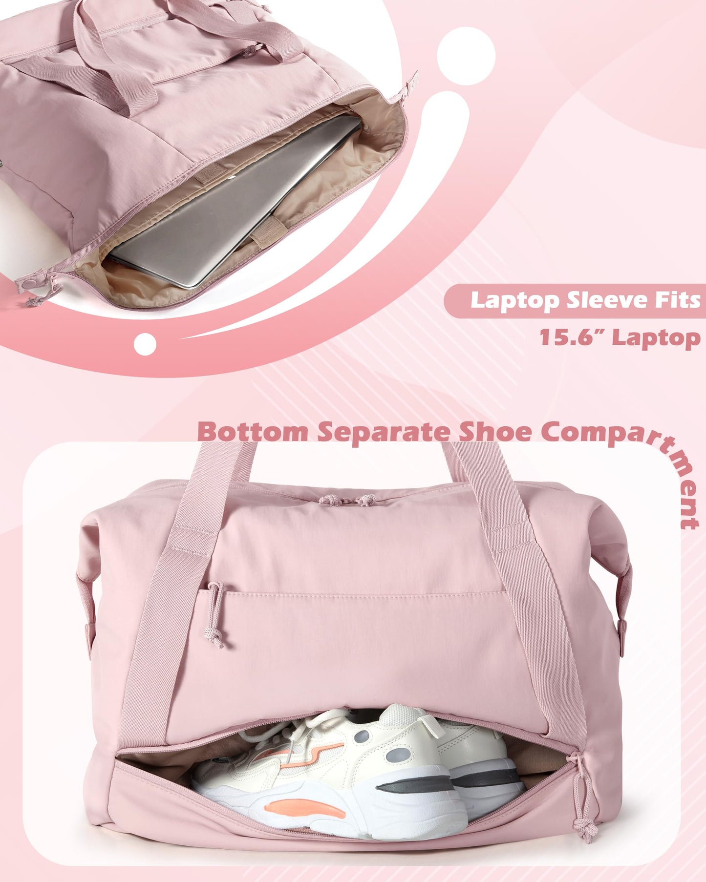 Smasrob Travel Duffle Bag with Shoe Compartment and Laptop Sleeve for Women, Lightweight Weekender Duffel Bag for Travel, Gym, Hospital Labor Delivery, Pink