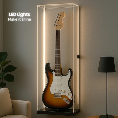 DECOMIL Guitar Display Case 42” – Acrylic Wall Mount or Freestanding Shadow Box Cabinet with Lock, LED Light, UV Protection – Fits Electric Guitars – Secure, Dustproof, Black Frame