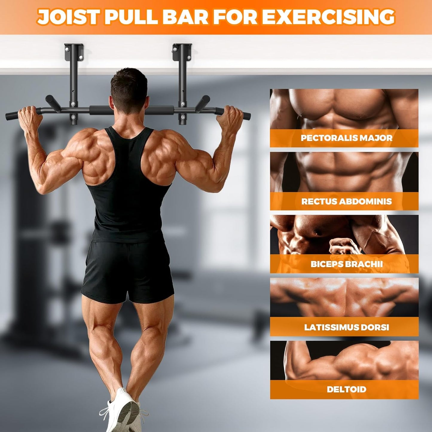 Joist Mounted Pull Up Bar,42" Wide Bar Ceiling Mount Chain Up Bar Adjustable Height,for Home Gym,Cross Training Strength Building,up to 350LBS