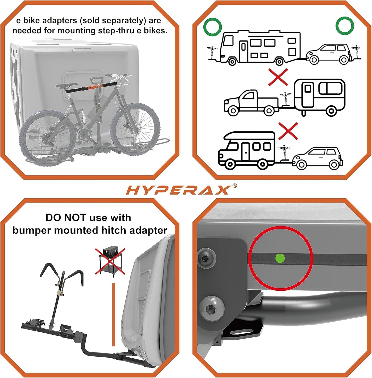 HYPERAX Volt RV -RV Approved Hitch Mounted 2 E Bike Rack Carrier for RV,Camper,Motorhome,Trailer,Toad with 2" Tow Hitch Receivers - Up to 2X 70lbs eBikes with Up to 5" Fat Tires