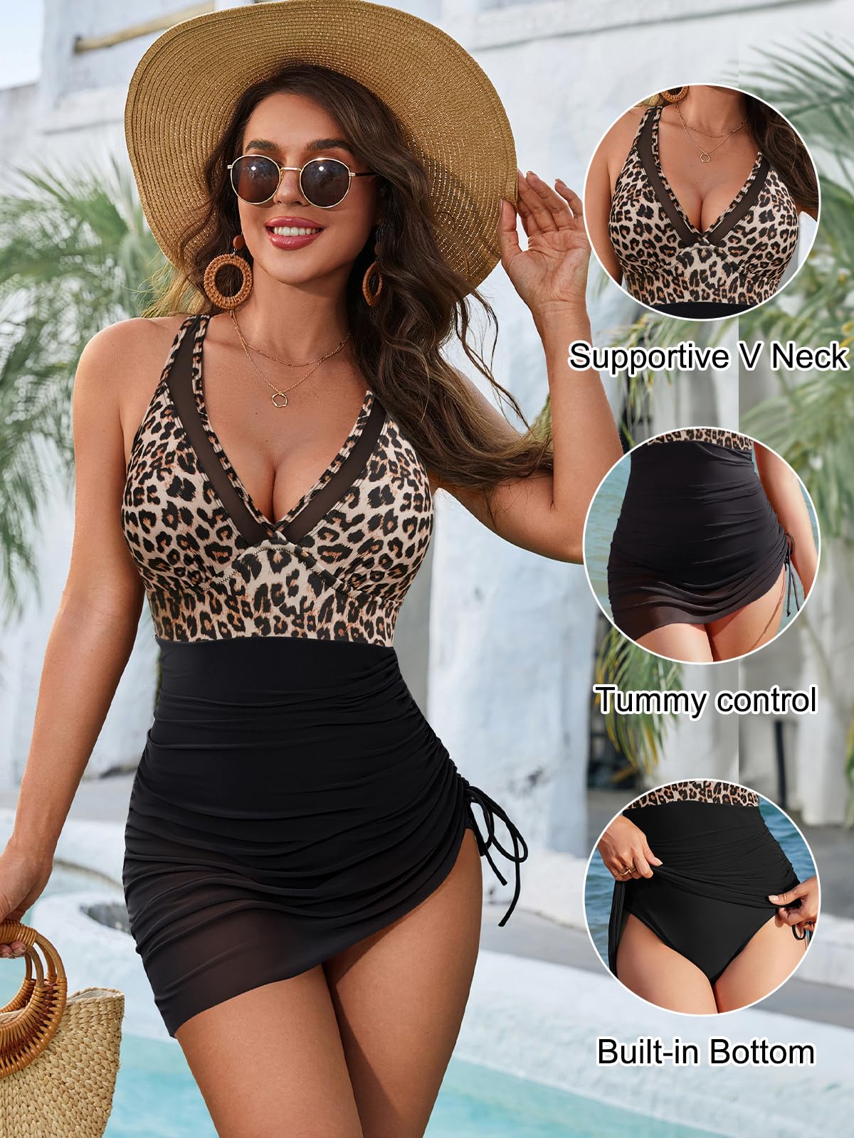 Blooming Jelly Women One Piece Swim Dress Tummy Control Swimsuits Slimming Sarong Wraps Bathing Suit (M, Leopard/Black)