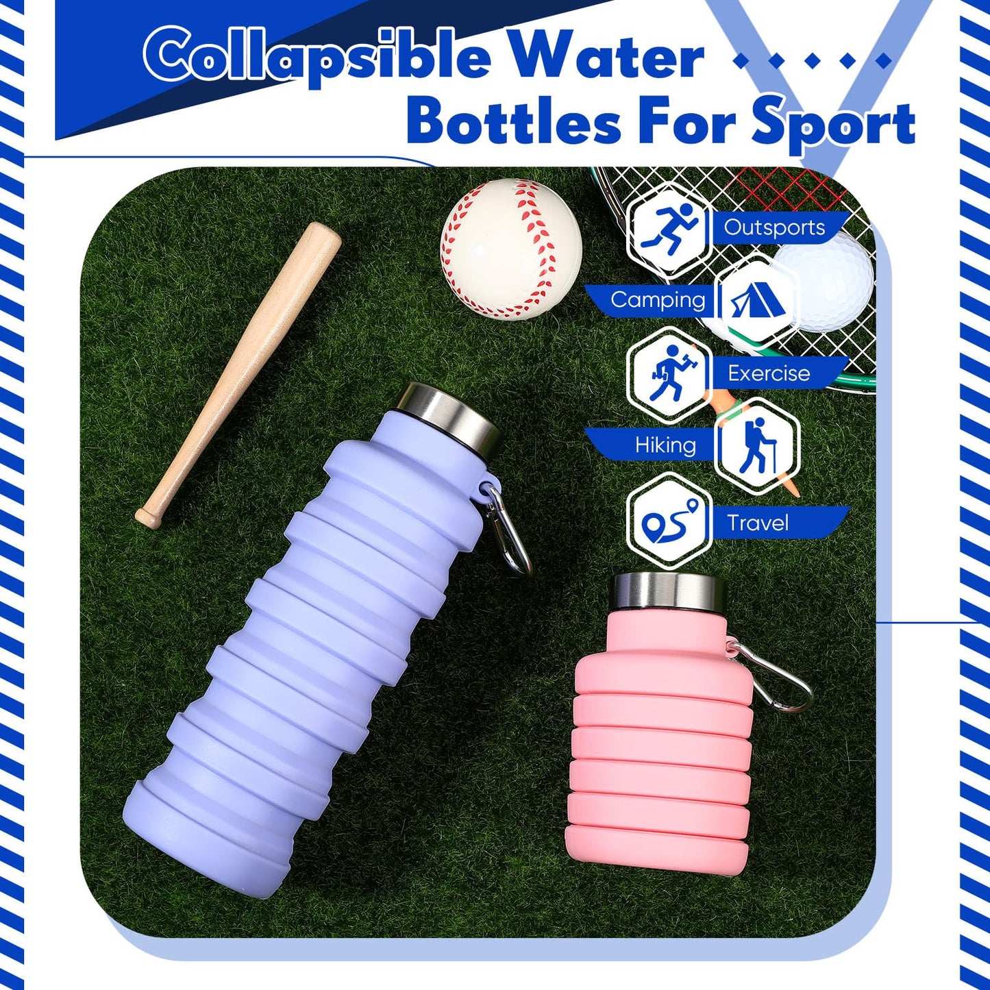 Baderke 2 Pcs Collapsible Water Bottles 17oz Silicone Travel Foldable Portable Water Bottle with Buckle Silicone Lightweight Reusable Leakproof for Camping Hiking Cycling Sport(Purple, Pink)
