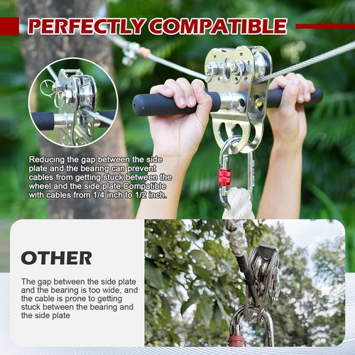 Fologtoo Zipline Pulley, Heavy Duty 304 Stainless Steel Zipline Trolley, Reinforced Safety Handle for Backyard Zipline, Hauling, Suitable for 1/4 to 1/2 Inch Steel Cable, 1100 lbs Working Load Limit