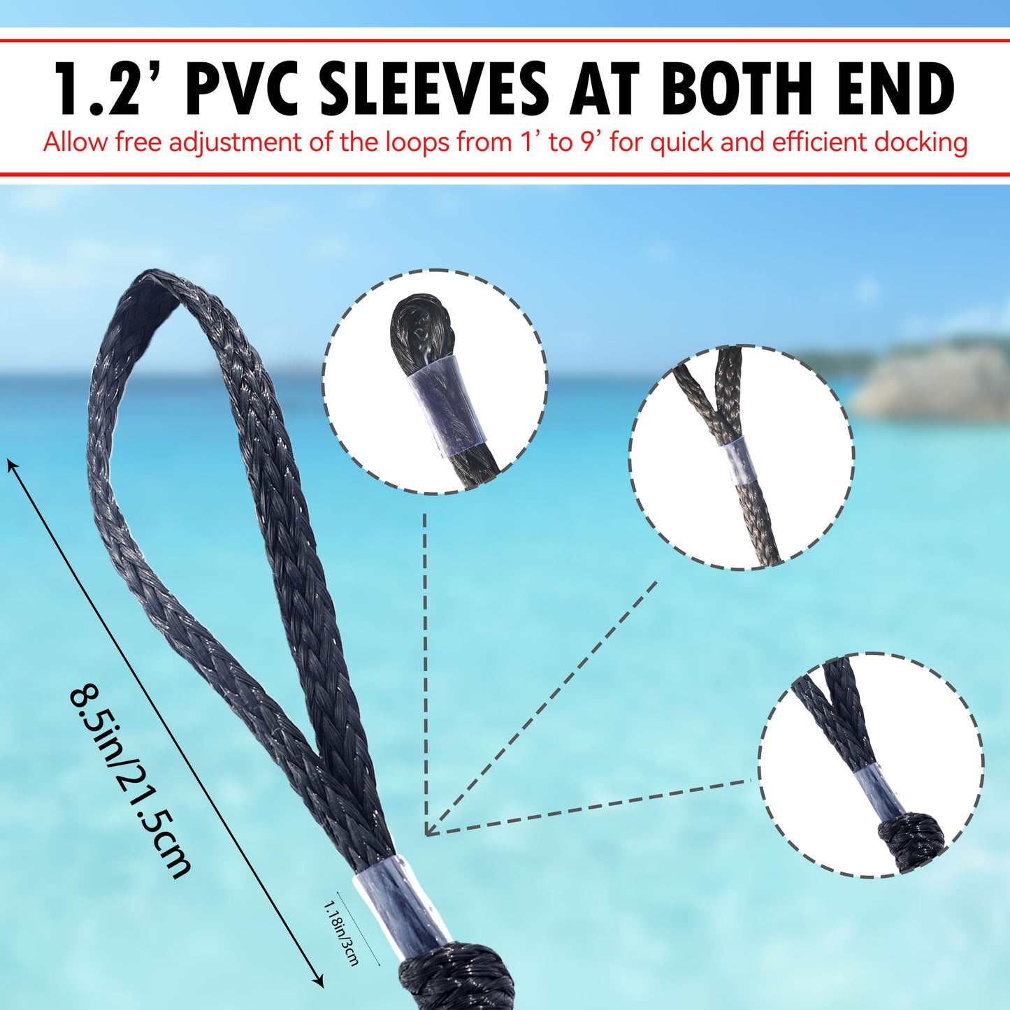 2.5ft Black Bungee Dock Line with Stainless Steel Hook - Heavy-Duty No-Knot Mooring Rope for Jet Ski, Kayak, PWC | Boat Fender Lines to Hang Bumpers (Stretches to 3.5ft), Pack of 2