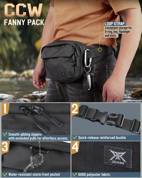 RXW Tactical CCW Fanny Pack, EDC Belt Bag with Holster, Conceal Carry Bag for Men, Adjustable Hiking Waist Pack