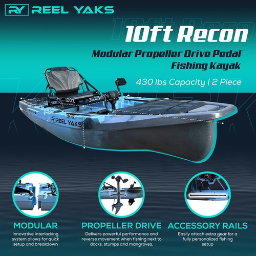 Reel Yaks Recon Modular Fishing Kayak - 10.5ft Lightweight Propeller Drive, Sit On Top Kayak for Adults & Youth - Stable & Portable, Ideal Space-Saving Design - 430 lbs Capacity - Blue Gray