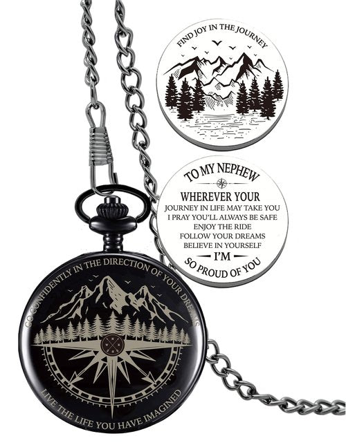 Gifts for Nephew from Aunt, Go Confidently Pocket Compass Engraved Black, to My Nephew Pocket Token, Inspirational Keepsake Gifts Ideas for Nephew Birthday Graduation Christmas