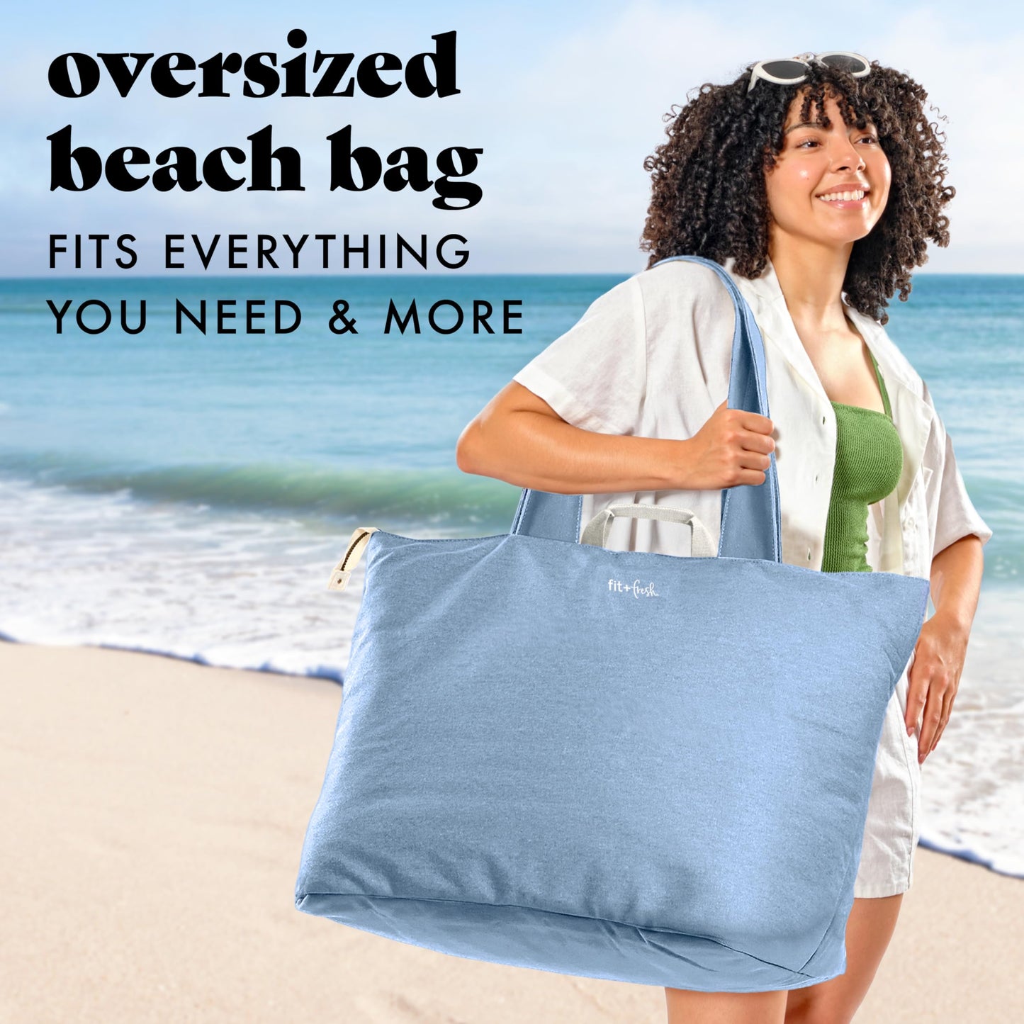 Fit & Fresh XL Beach Tote Bag for Women – Extra Large Travel Tote with Zipper & Pockets, Oversized Canvas Pool Bag, Weekender Carry-On for Beach, Travel & Family Essentials