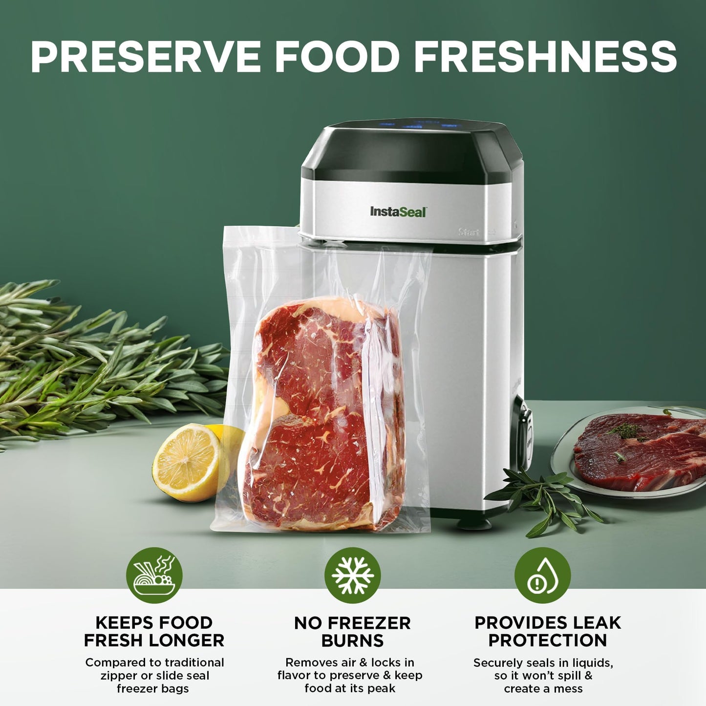 InstaSeal Vacuum Sealer for Food with 12 Bags, Compact Upright Design Allows Machine to Seal Marinades, Soups, Meats for Sous Vide Cooking, Vegetables, Double Heated Seal Keeps Food Fresher Longer