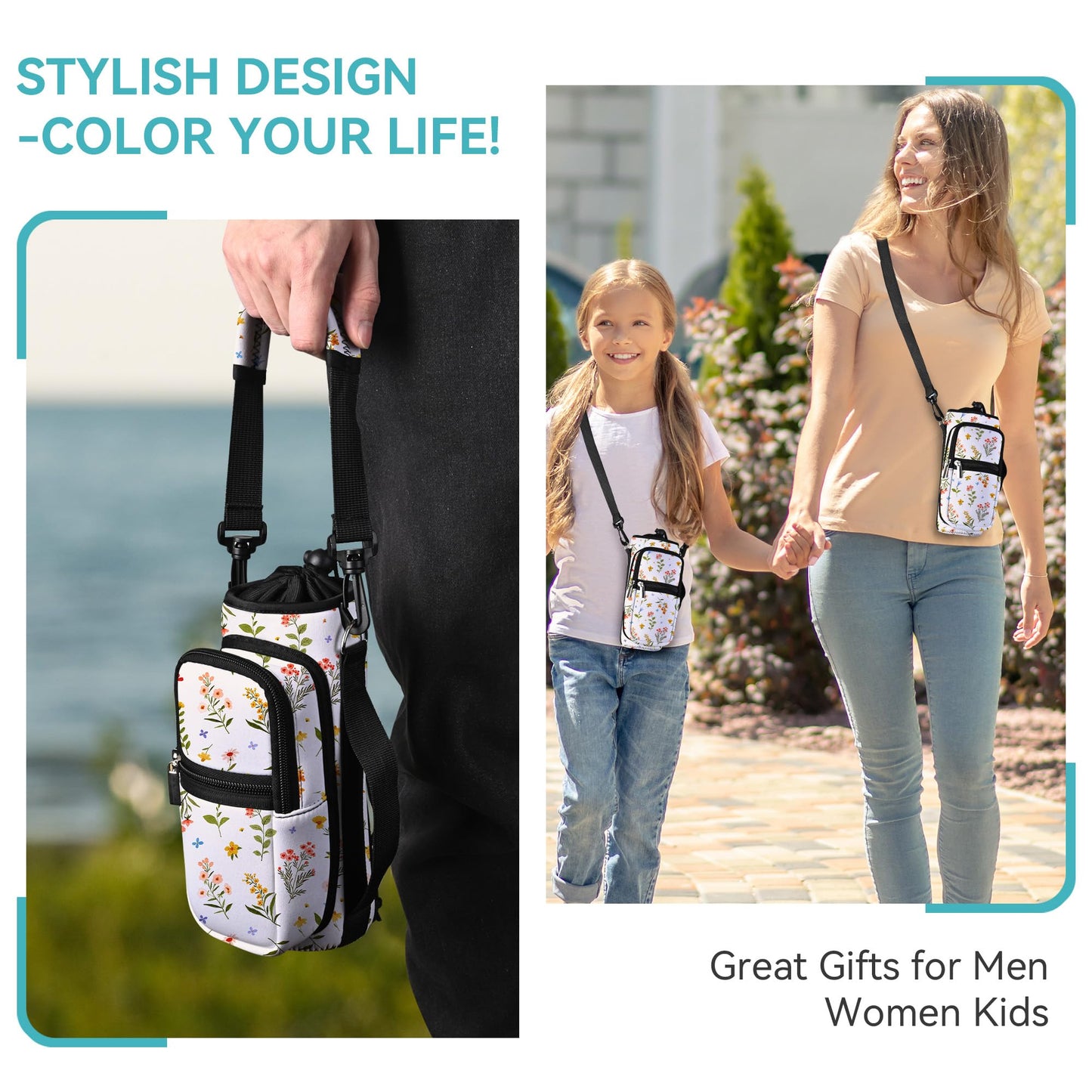 AUPET Water Bottle Sling Bag Sleeve Holder Carrier 25/32/40/64 oz,Insulated Crossbody Water Bottle Case Cover with Strap and Pockets for Men/Women Walking Hiking (Watercolor Style, 25oz)