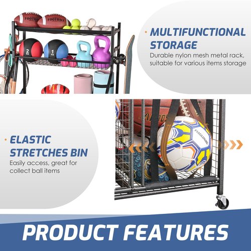 PLKOW Sports Equipment Organizer - Garage Storage Rack with Basket and Hooks, Garage Ball Storage for Toy and Sports Gear, Black