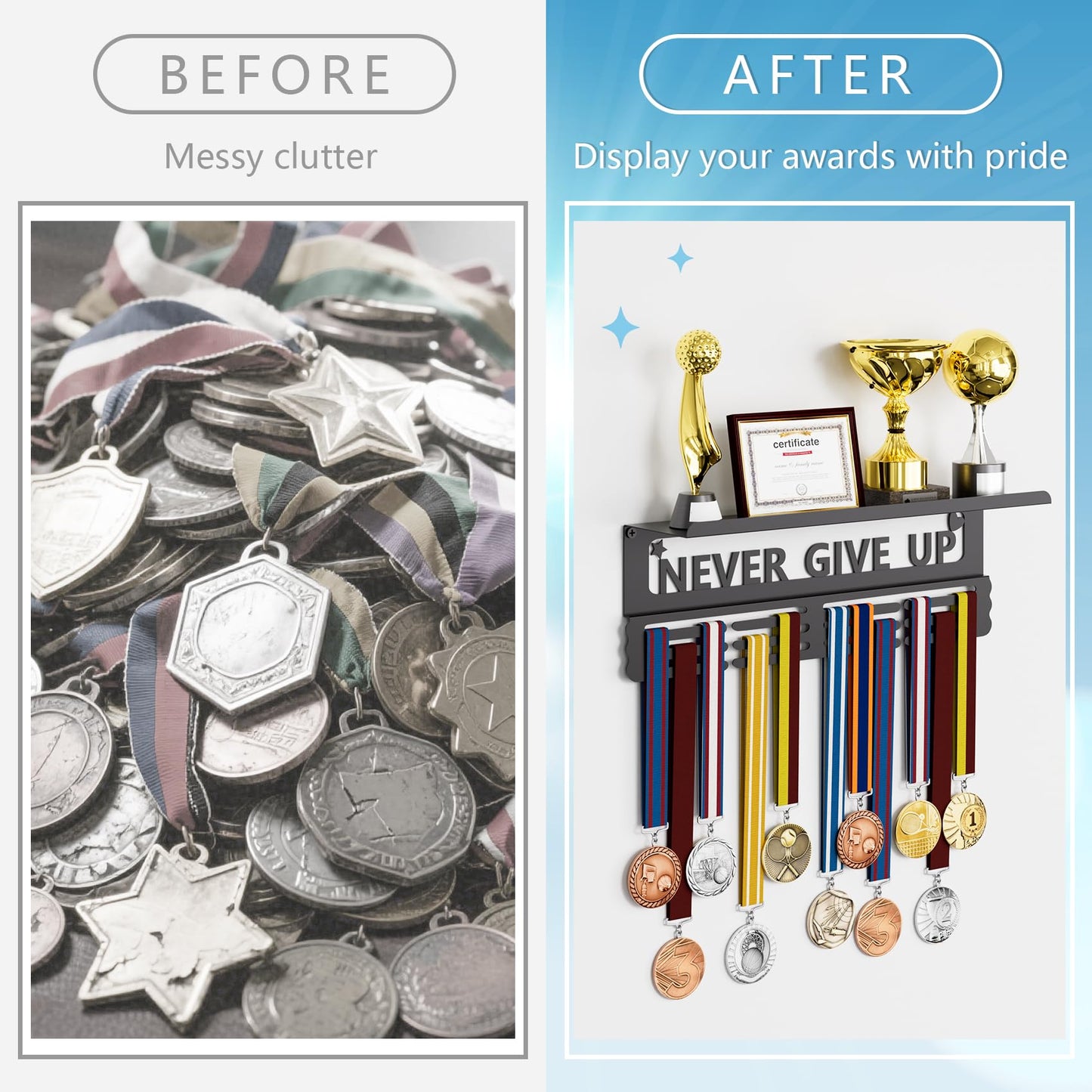 YXFOOR Medal Display Holder Wall Mount with Trophy Shelf - Large Capacity Award Rack for Race, Marathon, Soccer, Gymnastics, Swim Meets - Metal Sports Medal Hanger for Home Office Decor