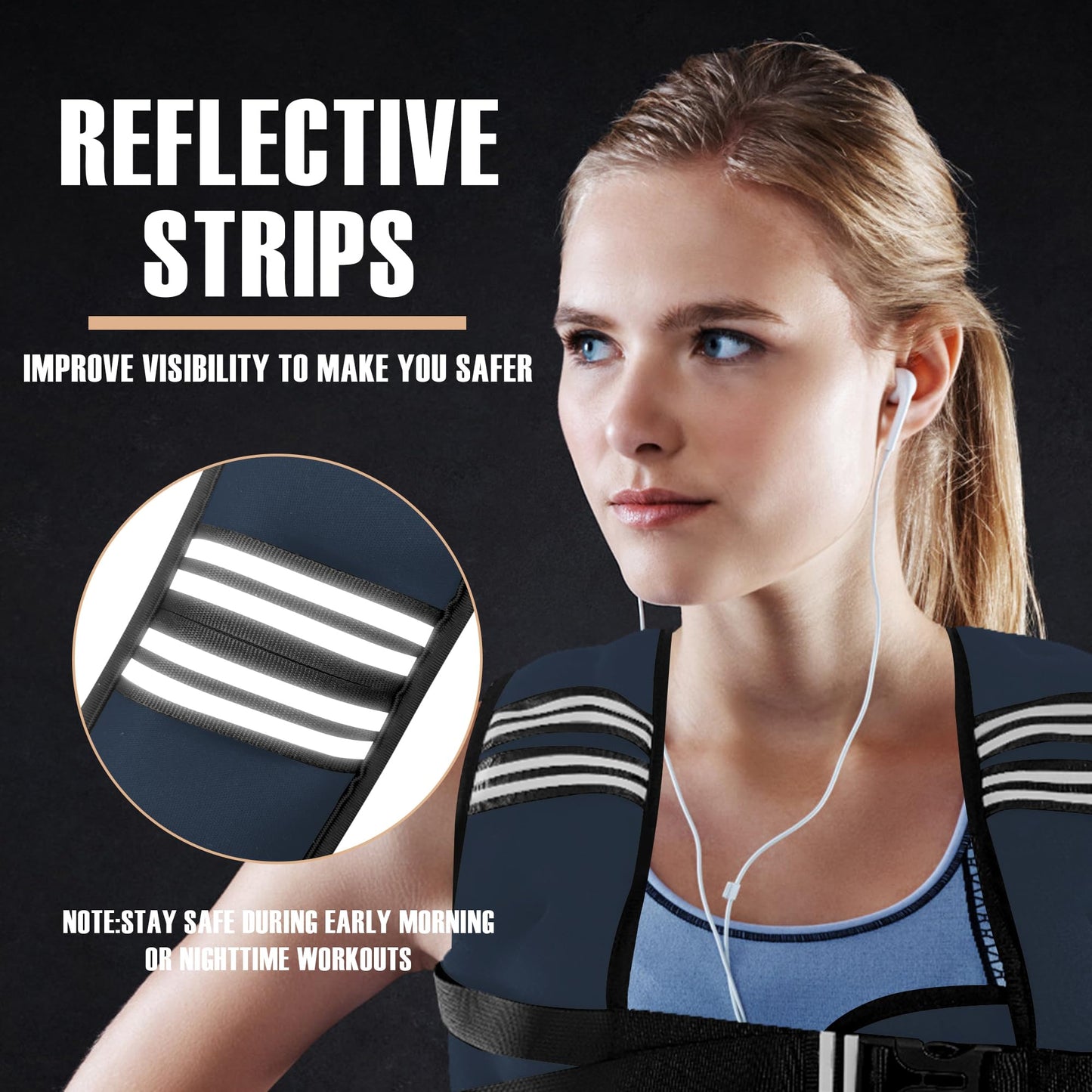 NATURELUX Weighted Vest with Reflective Stripe and Adjustable Buckle Straps, Navy Blue, 5 lbs