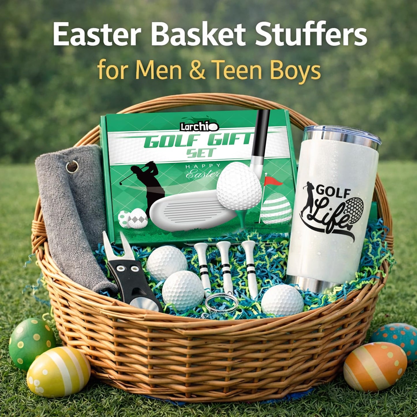 Larchio Golf Easter Gifts for Adult Men Teen Boys, Cool Easter Basket Stuffers With Tumbler Socks, Golf Towels for Husband Boyfriend Dad Son