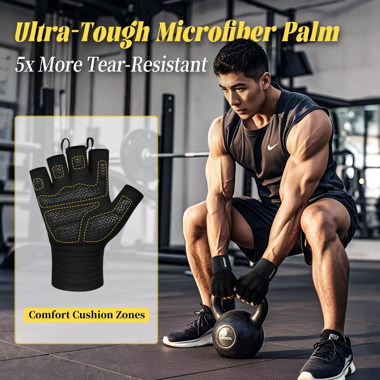 HOZMOZ Weight Lifting Gloves with Wrist Support, Gym Workout Gloves for Men Women, Full Palm 6mm Padded & Grip, Exercise Wrist Wraps for Weightlifting, Fitness, Strength Training, Large