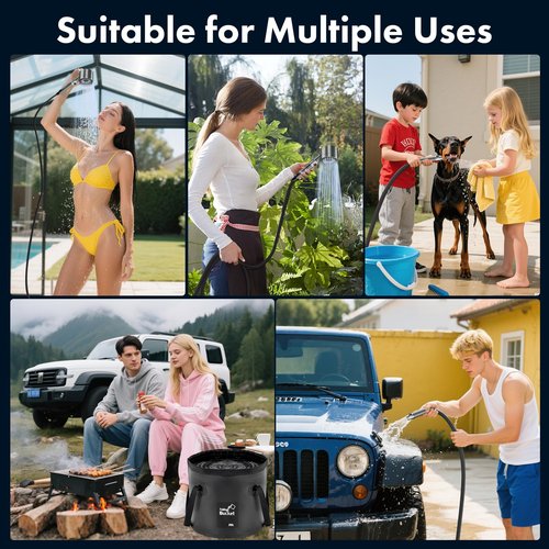 Portable Shower for Camping 6000mAh Rechargeable Shower Pump with Intelligent LED Display & 20L Foldable Bucket 4 Spray Modes Outdoor Shower Head IPX7 Waterproof for Hiking, Travel, Car, Pet, Beach