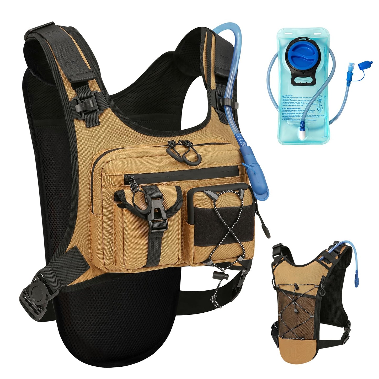 Criuage USA Patent Running Hydration Vest Backpack, Lightweight Chest Pack with 2.0L Water Bladder Bag Daypack for Hiking Running Cycling Race Marathon for Women Men (Khaki, Standard)