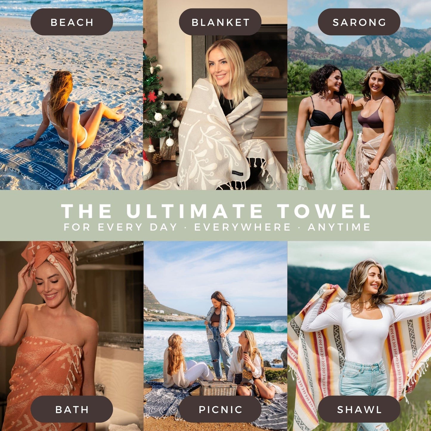 FESHKA Sand Proof Turkish Beach Towel – Oversized, Quick Dry & Lightweight Travel Towel - 100% Organic Cotton Beach Blanket - Perfect for Bath, Pool & Picnic | Cat Eye (Light Green)