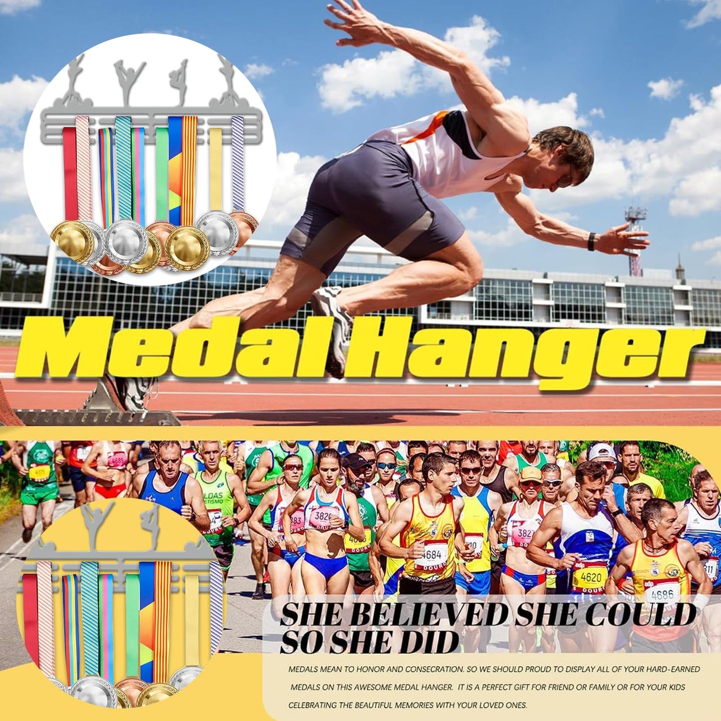 Resama Gymnastics Medal Hanger Holder Display Rack for Awards Ribbons Personalized Medal Sports Themed Race Ribbon Holder for Wall Metal Display for Men Boy Girl Kid Silver