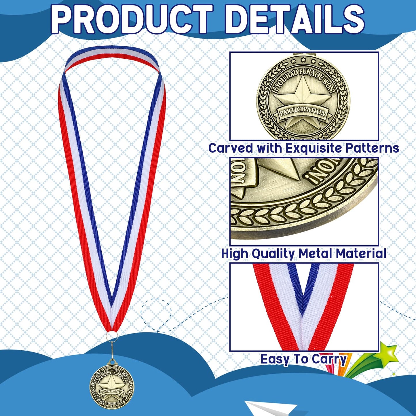 Remuuly 30 Pcs Gold Medals Bulk 2'' Basketball Soccer Baseball Volleyball Football Lacrosse Kickball Cheer Bowling Trophy Medals for Awards for Sports Participation Winner Gift(Gold,Participate)