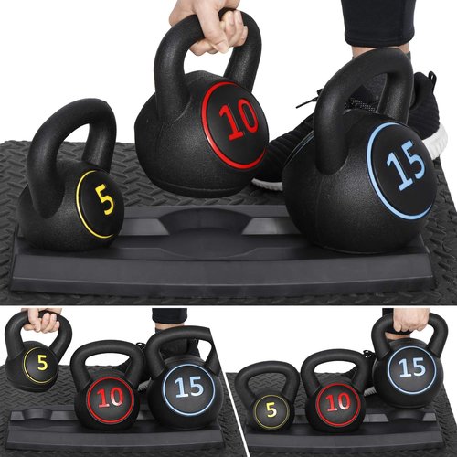 Saicool 3-Piece Kettlebell Set with Storage Rack, Wide Grip Strength Training kettlebells, 5 lbs 10 lbs 15 lbs, Exercise Fitness Concrete Weight, Full Body HIIT Workout