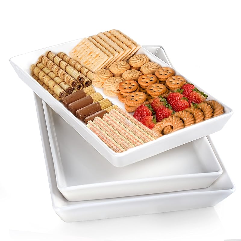 Large Rectangular Serving Platter Set of 3 – 16, 14 & 12 Inch Porcelain Trays, White