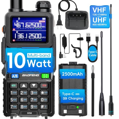 BAOFENG 5RM Ham Radio 10W High Power, VHF/UHF, Walkie Talkies Long Range NOAA Emergency Weather Radio, Frequency Copy, 999CH, USB C Charging, 6.1" &15.12" 771 for Survival Gear Hunting Camping-1 Pack