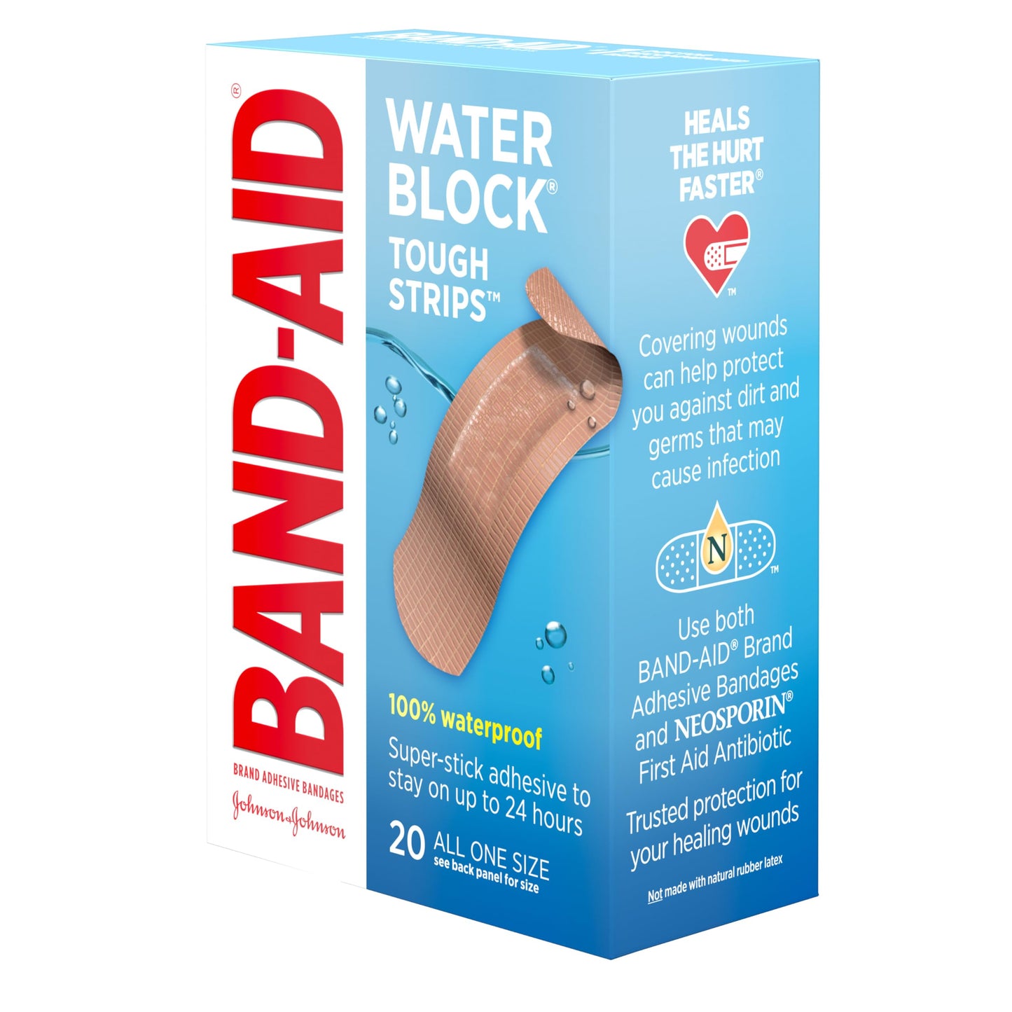 Band-Aid Brand Water Block Waterproof Tough Adhesive Bandages for First Aid Wound Care, Durable Waterproof Bandages to Protect Minor Cuts, Burns & Scrapes, Quilt-Aid Pad, One Size, 20 ct