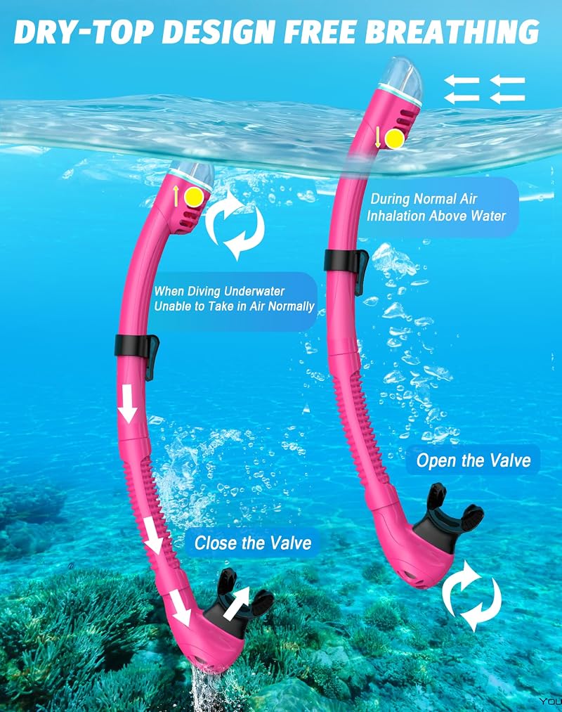 Diving Snorkel Mask Set 180° Vision Dry Top Anti-Fog Anti-Leak for Adults - Black Pink Variation