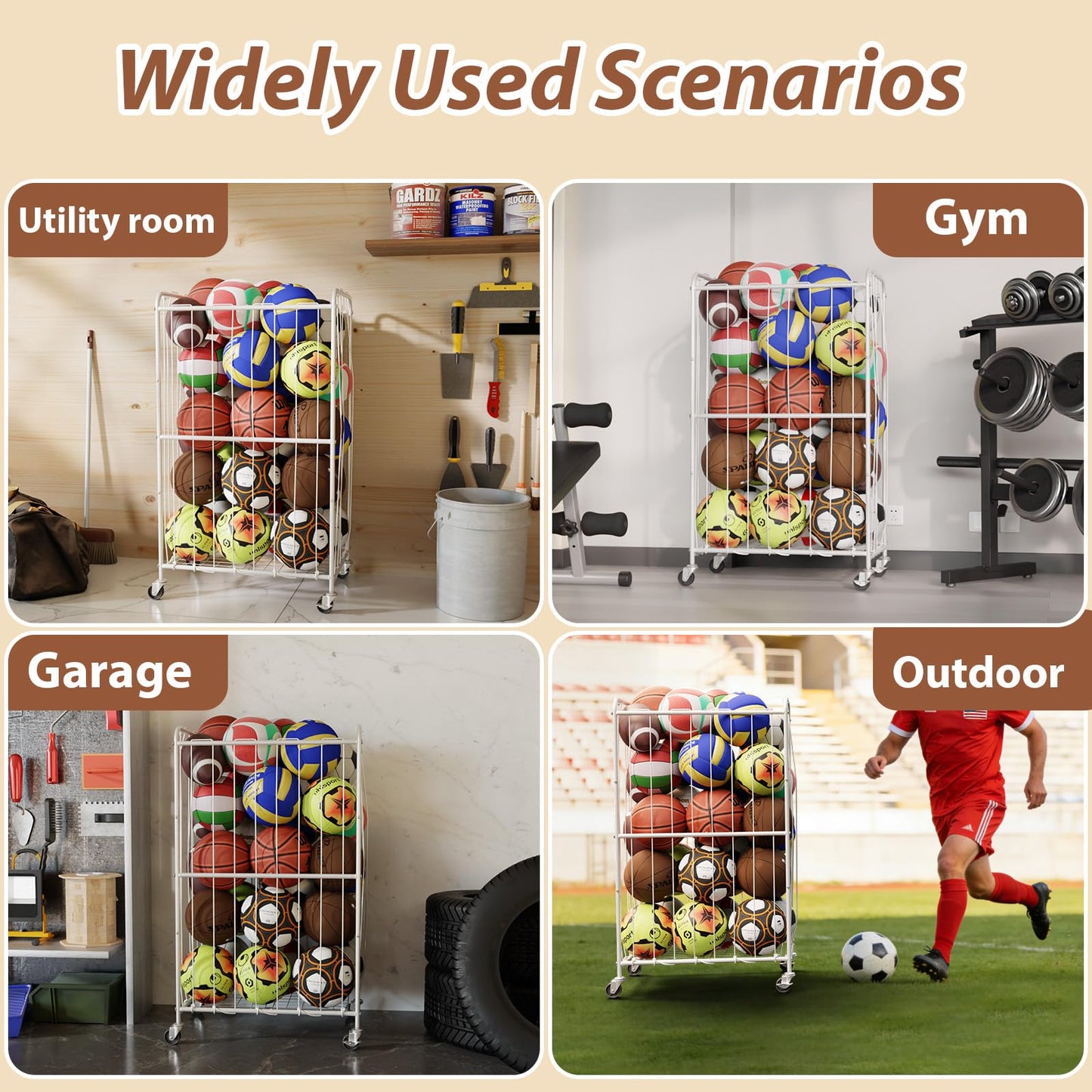 YKDIRECT 210L Rolling Ball Organizer with Locking Wheels - Large Sports Storage Basket for Basketball Soccer Football Volleyball, Steel Garage Equipment Cart with Elastic Rope for Household Storage
